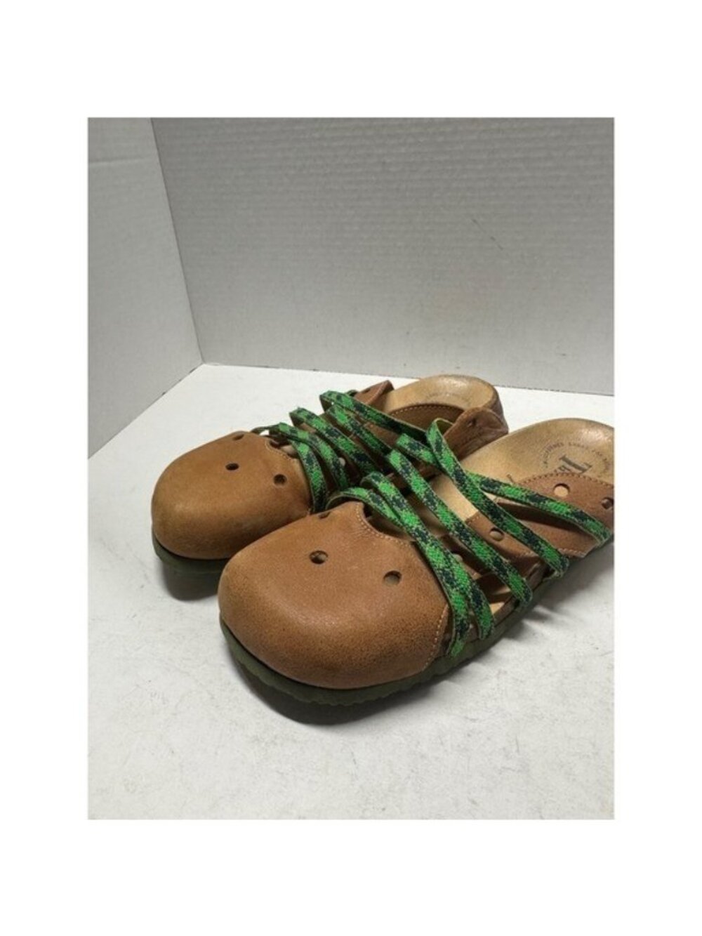 Think! Julia Tan Leather Green Elastic Cord Slide Sandals EU 39 US 8 82318-15